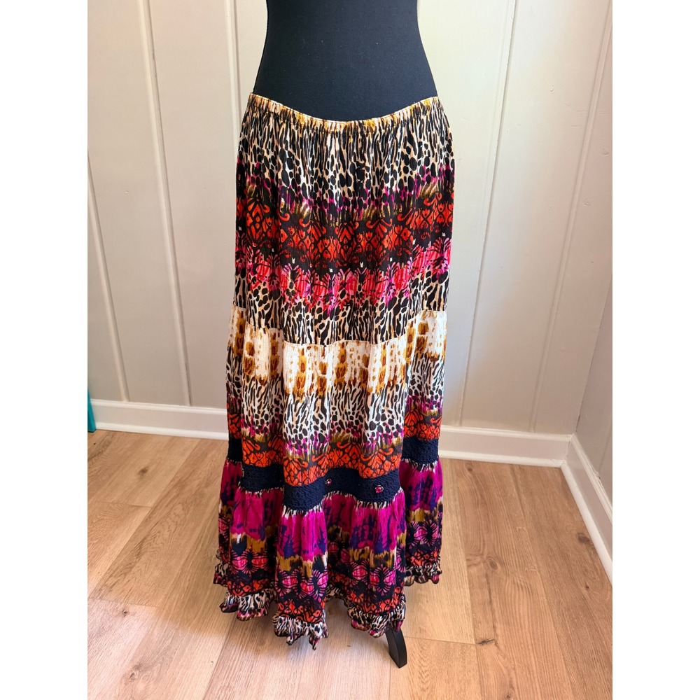 Y2k Forbidden Los Angeles Leopard Print Tiered Boho Maxi Skirt XL